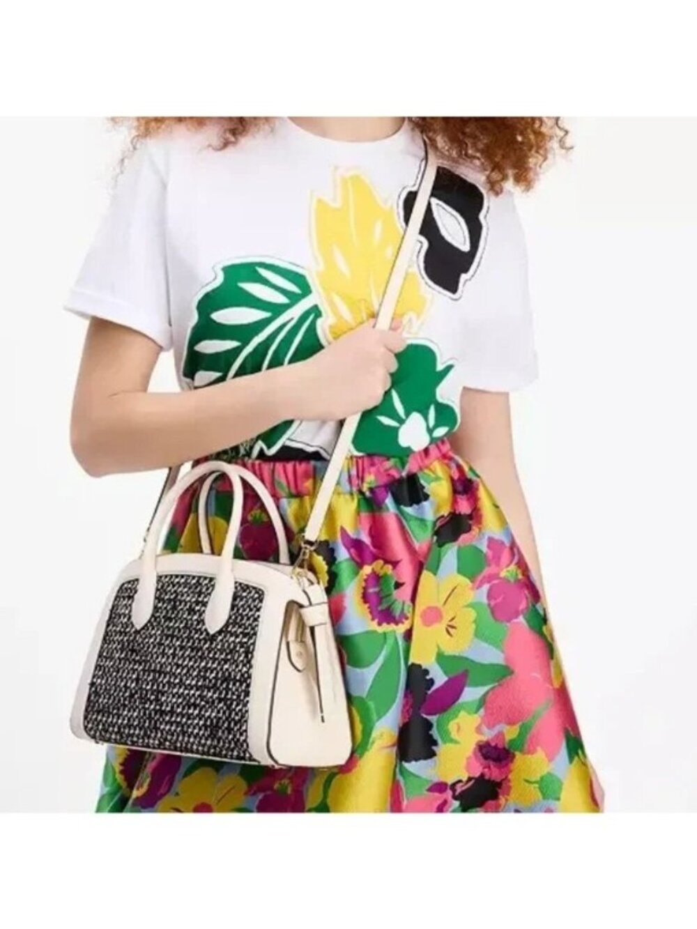 $378 KATE SPADE KNOTT RAFFIA TWEED MEDIUM SATCHEL purse bag black white